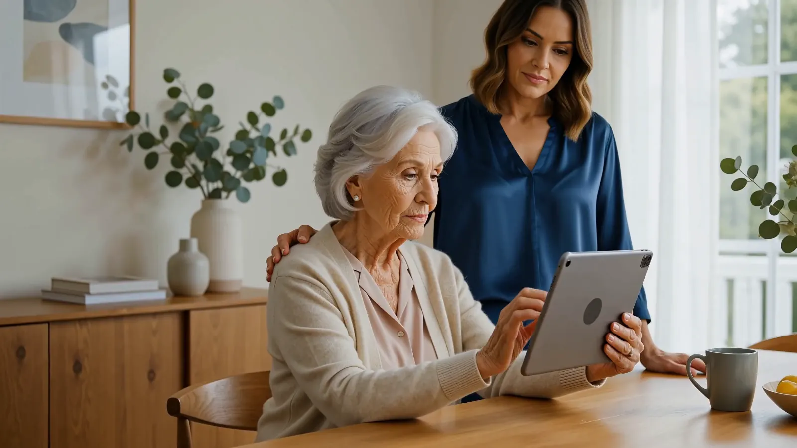 A grandmother recognises a photograph while looking at a tablet